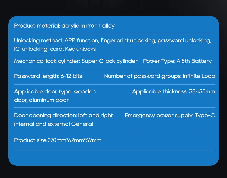Smart Electronic Door Lock Fingerprint Biometrics Application Control Smart Card Key Access and USB Emergency Charging Smartlock