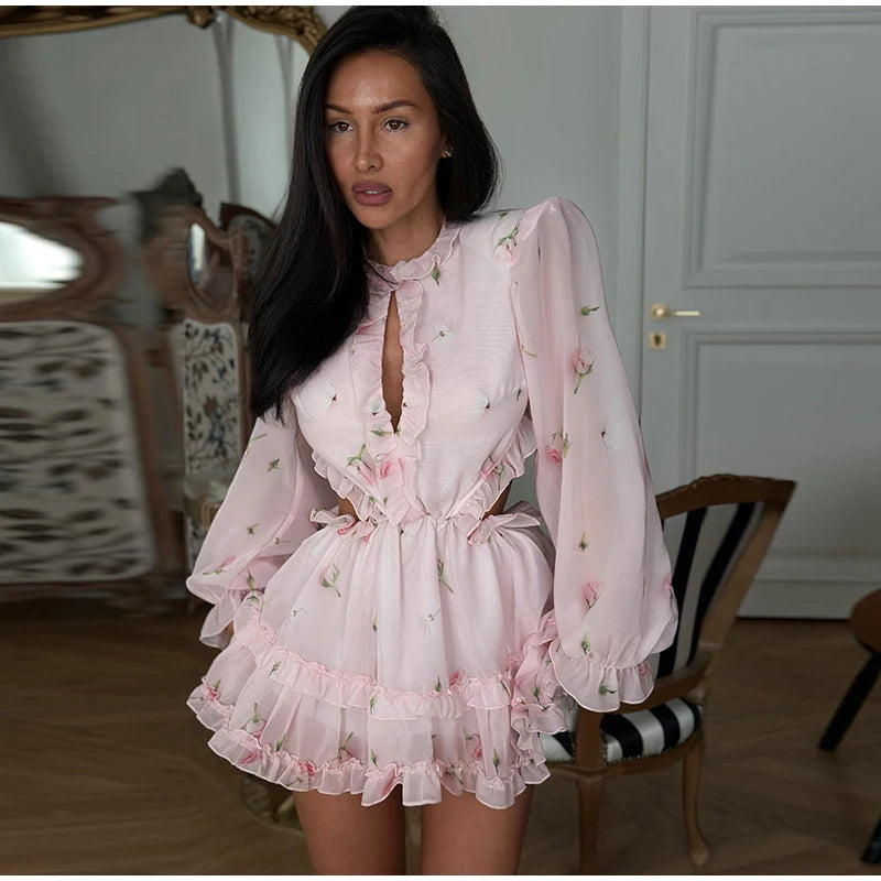 Elegant Floral Print Chiffon Dress Women's Backless Long Sleeve Ruffle Waist Cutout Tiered Dresses 2026 New Lady Party Wear