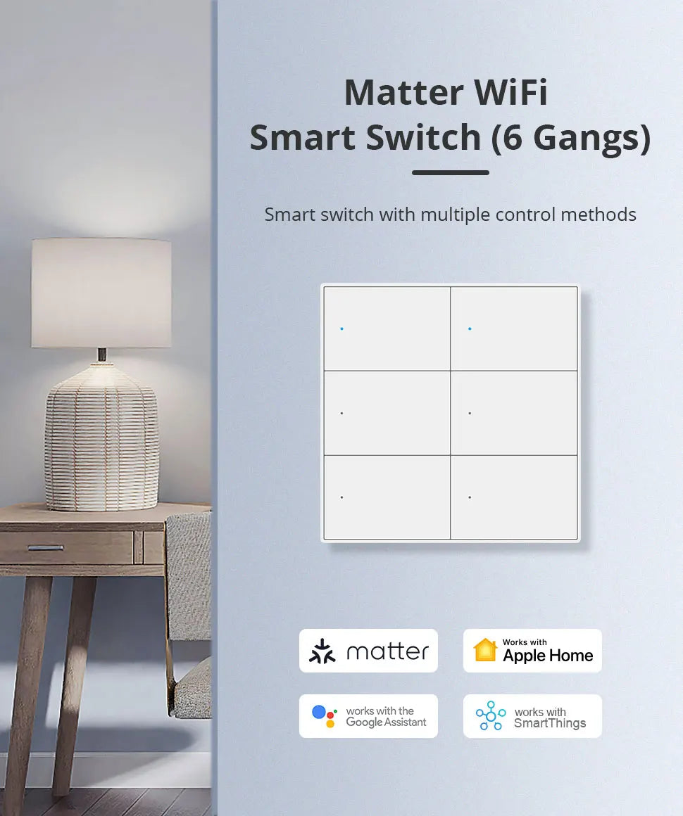 Zemismart Matter WiFi 1 2 3 4 6 Gangs Smart Wall Light Switch Neutral Required with Big Button SmartThings App Homekit Control