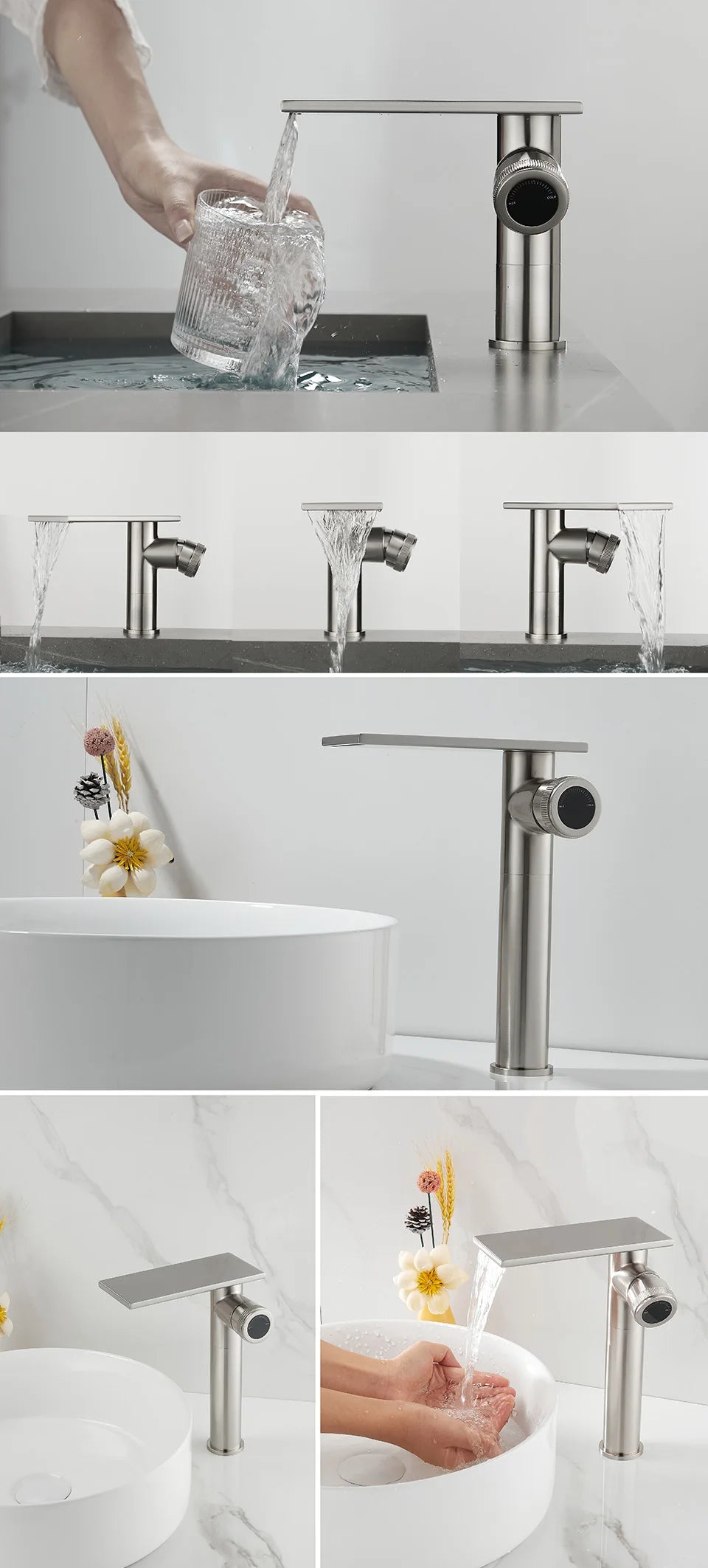 Bathroom Waterfall Basin Sink Faucet Black Faucets Brass Bath Faucet Hot&Cold Water Mixer Vanity Tap Deck Mounted Washbasin Tap