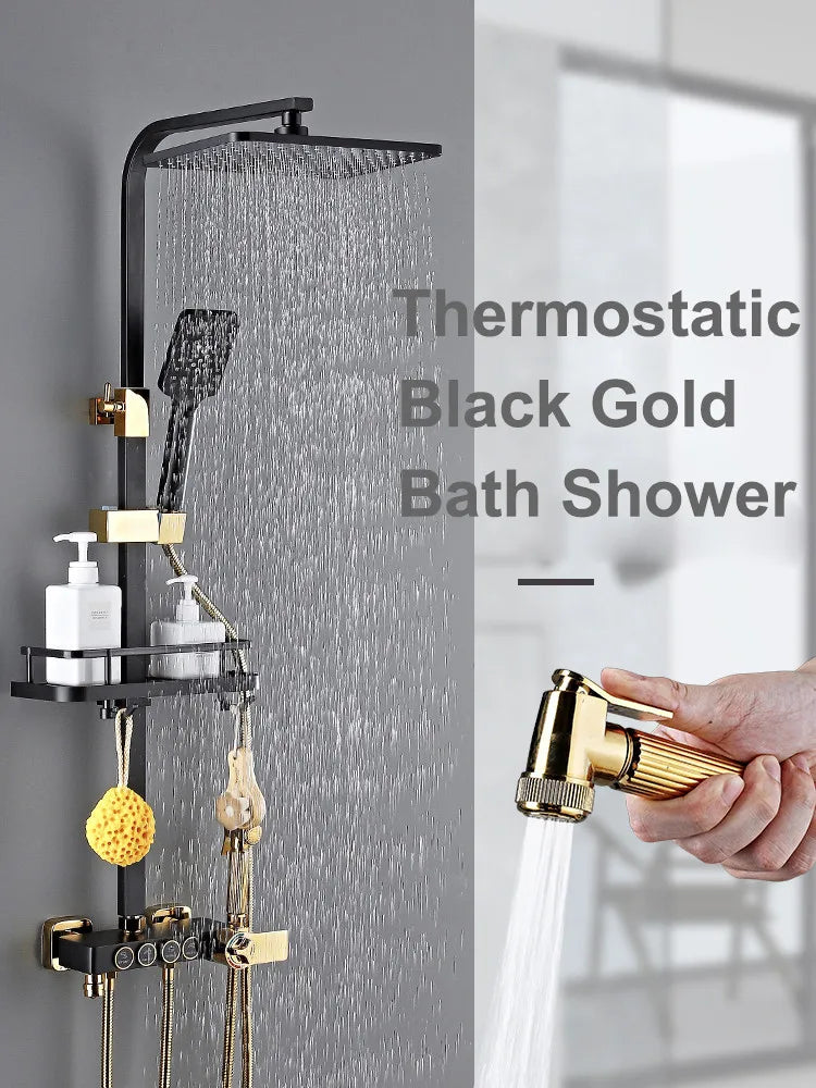 Hot Cold Bathroom Shower Set 12 Inch Rain Shower Head Quality Brass Bathroom Mixer Faucet Black Gold Thermostatic Shower System