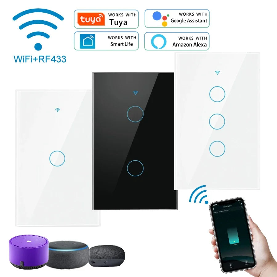 Tuya WiFi Smart Switch Works With Alexa With/Without Neutral Wire Touch Light Switch Wireless RF433 Wall Remote Voice Control