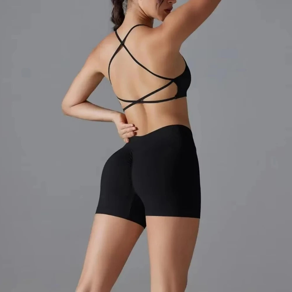 Women's Seamless Solid Color Cross Back High Elasticity Tight and Sexy Sports Bra Yoga Suit Set, Running and Fitness Two Pieces