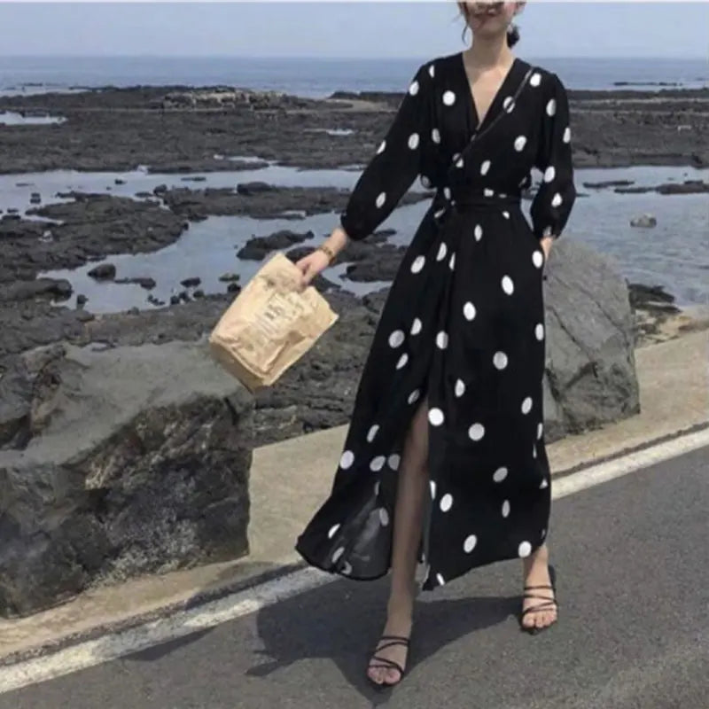 plus Size Polka Dot Chiffon Dr Romantic Slimming Long Skirt V Ne Elastic Waist Summer Faionable Casual Vintage Sle