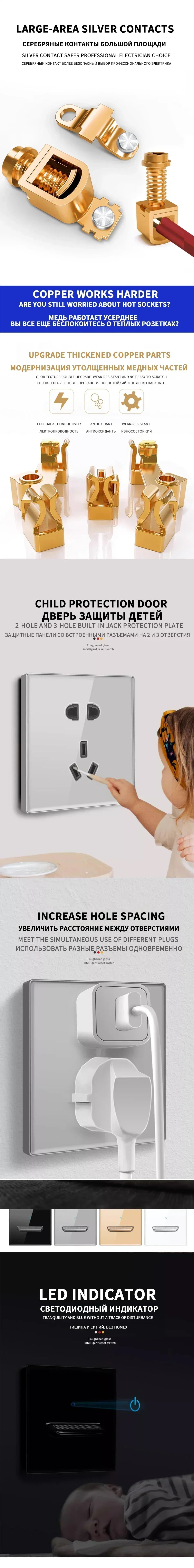Black Tempered Glass Wall Switch Panel Led European 16a Socket Retro Toggle Light Switch Eu Uk Standard 1Gang-4gang 2usb Socket
