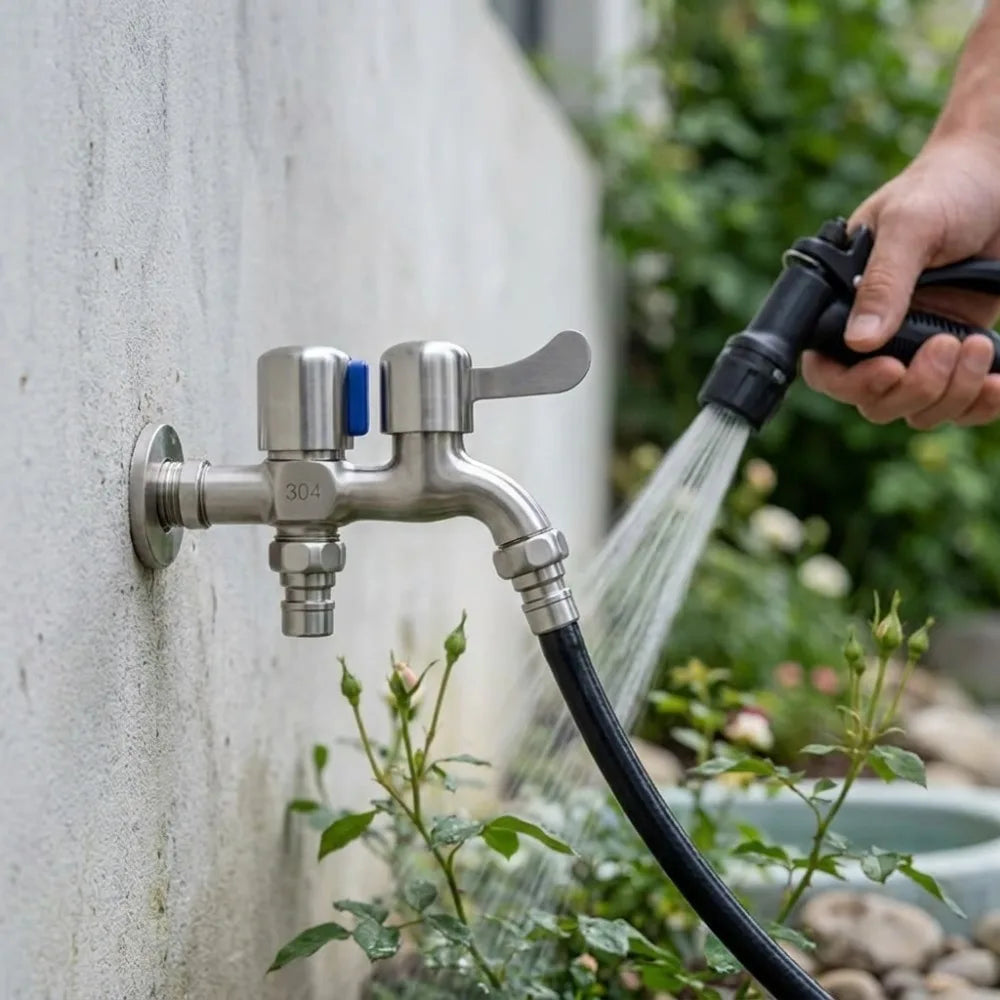 Stainless Steel Faucet Double Outlet Dual Control Water Tap One in Two Out 1/2" Faucet Bidet Faucets Garden Bathroom Accessories