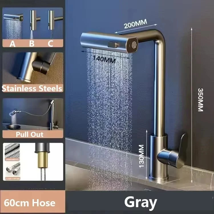 Kitchen Pull-out Flying Rain Waterfall Faucet Hot and Cold Faucet 304 Stainless Steel Single Hole Kitchen Faucet Bathroom