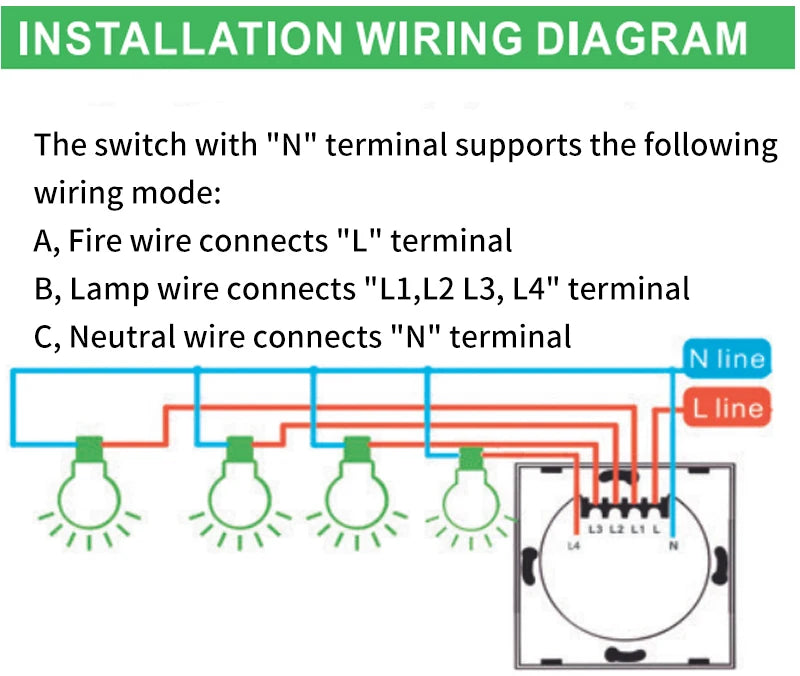 Smart Wifi Touch Switch Neutral Wire/No Neutral Wire Required US 1/2/3/4 Gang Light Switch Works with Tuya Smart Life App