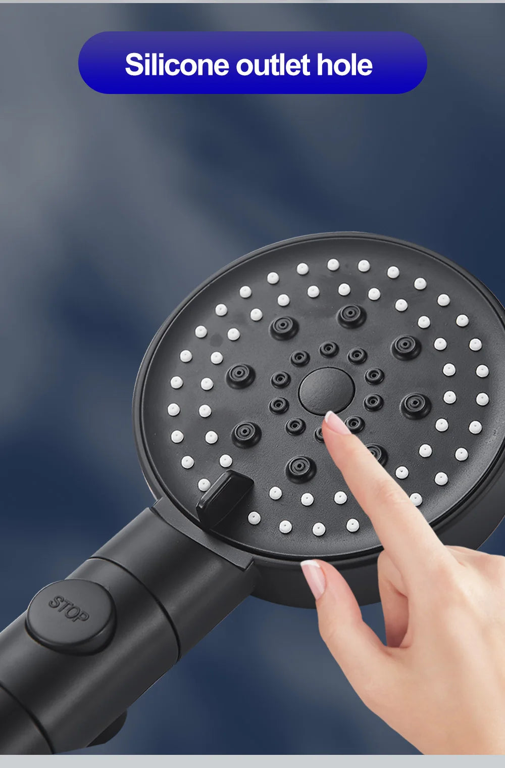 ZhangJi 2025 New 5-Function Shower head with Stop button 10cm Big Panel Silicone gel Hole Easy Cleaning Bathroom Nozzle Sprayer
