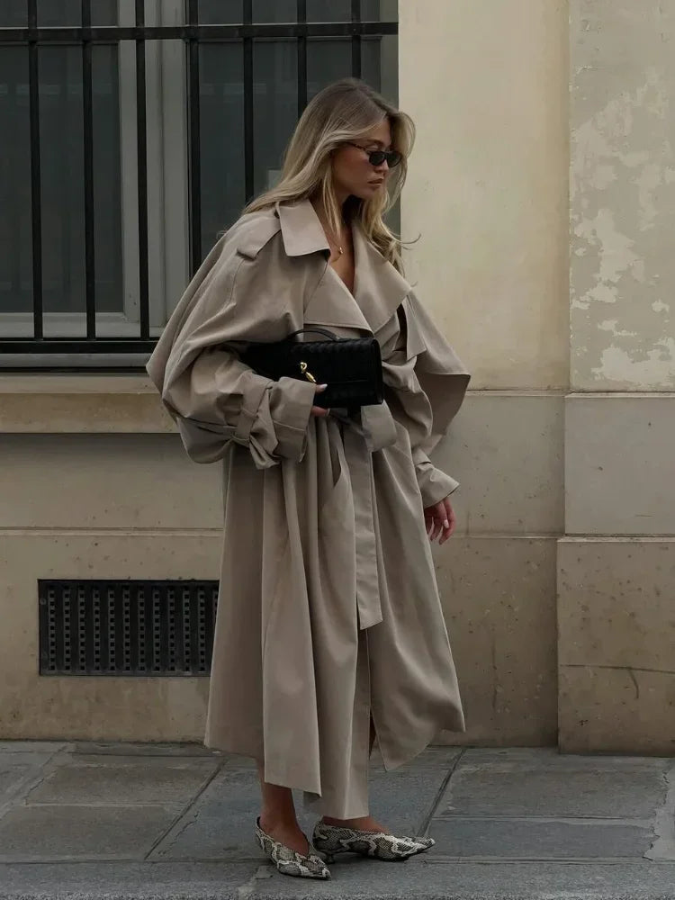 Casual Lace Up Long Trench Coat Women Chic Solid Color Full Sleeve Lapel Windbreaker 2026 Fall New Fashion Loose Commute Jackets