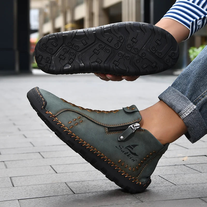 Handmade Leather Casual Shoes For Men Sneakers Men Flat Footwear Zipper Leather Boots Men Ankle Plus Size 39-48