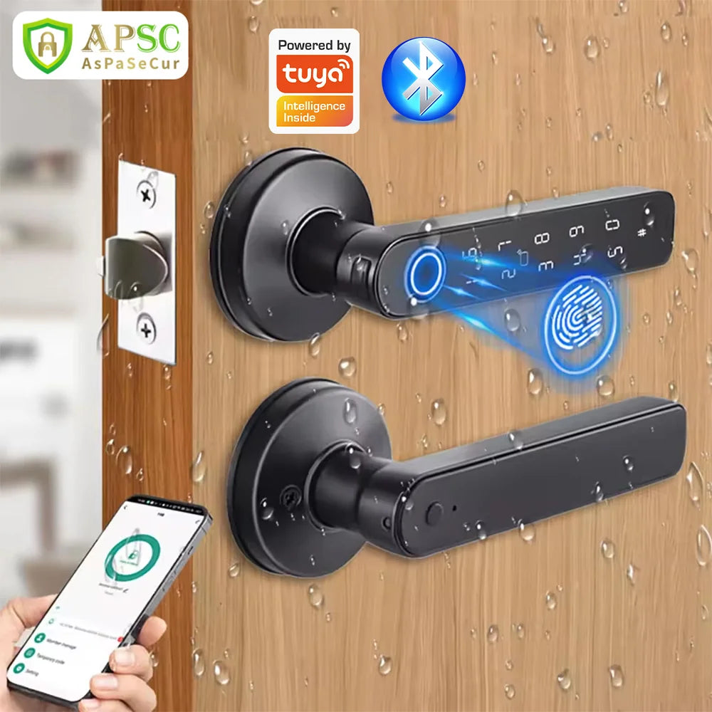 Work with Tuya App Bluetooth Smart Fingerprint Door Lock Password Mechanical Key NFC Unlocking For Wooden Door Handle Lock IP65