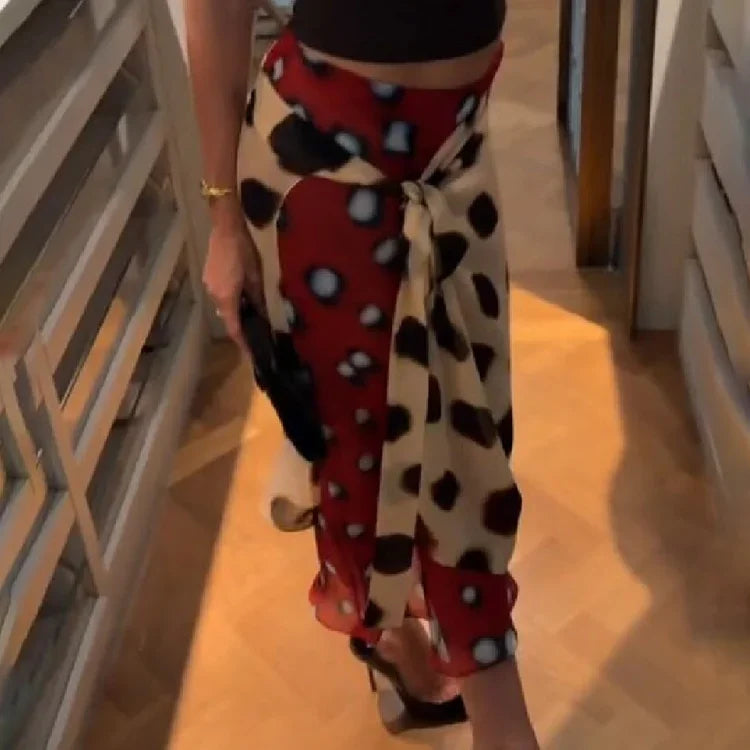 Bohemian Contrast Polka Dot Wrap Skirt Women Vintage Tie Waist Lace Up Chiffon Midi Skirts Coffee Dating Night Out Wear 2026 New