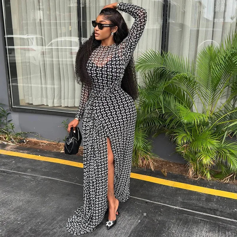 Women's Turtleneck Long Sleeve Waistband Ribbons Decoration Hips Wrapped Split Long Dress, Slight Perspective