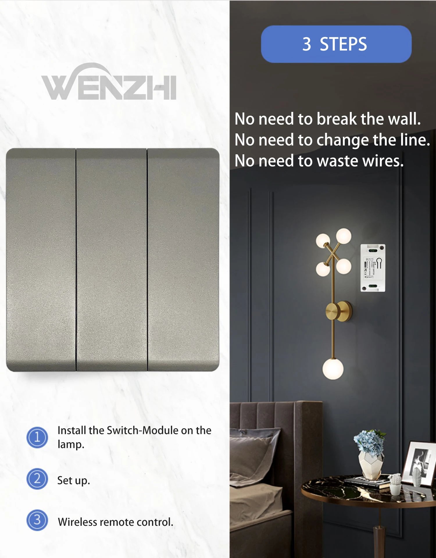 1/2/3Gang Smart Wireless Switch RF 433 Mhz 86 Portable White/Gray Home Wall Panel Buttons Remote Control Light Module Receiver