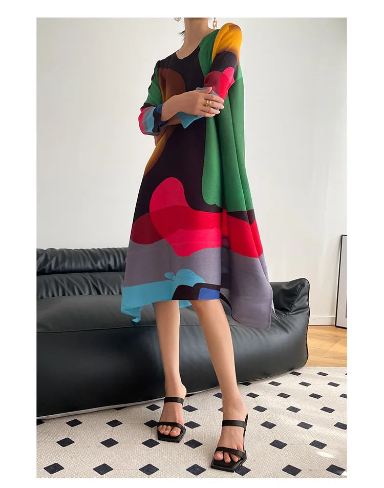 Miyake Pleated Print Dress 2024 New Early Spring Fashion Elegant A-line Swing Dress Elegant Women's Clothing High-quality
