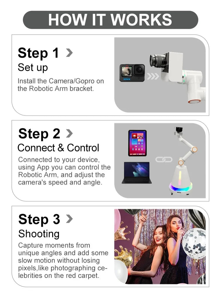 Customized  6 Axis Interactive Robot Photo Shooting Automatic Visual Camera Slow Motion Recording Light Function