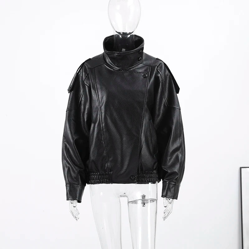 Fashion Black Faux Leather Short Jackets Women Retro High Neck Long Sleeve Oversized Coats Lady Autumn Winter Classic Streetwear