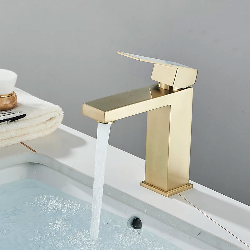 Senlesen Brushed Gold Bathroom Faucet Basin Faucets Deck Mounted Sink Mixer Tap Stainless Steel Countertop Hot Cold Water Crane