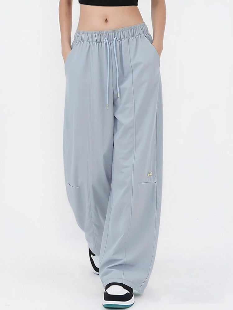 Blue Straight Pants For Women Elastic Wiast Jogger Quick-dry Sweatpants Baggy Embroidery Trousers Ladies Wide Leg Sport Pants