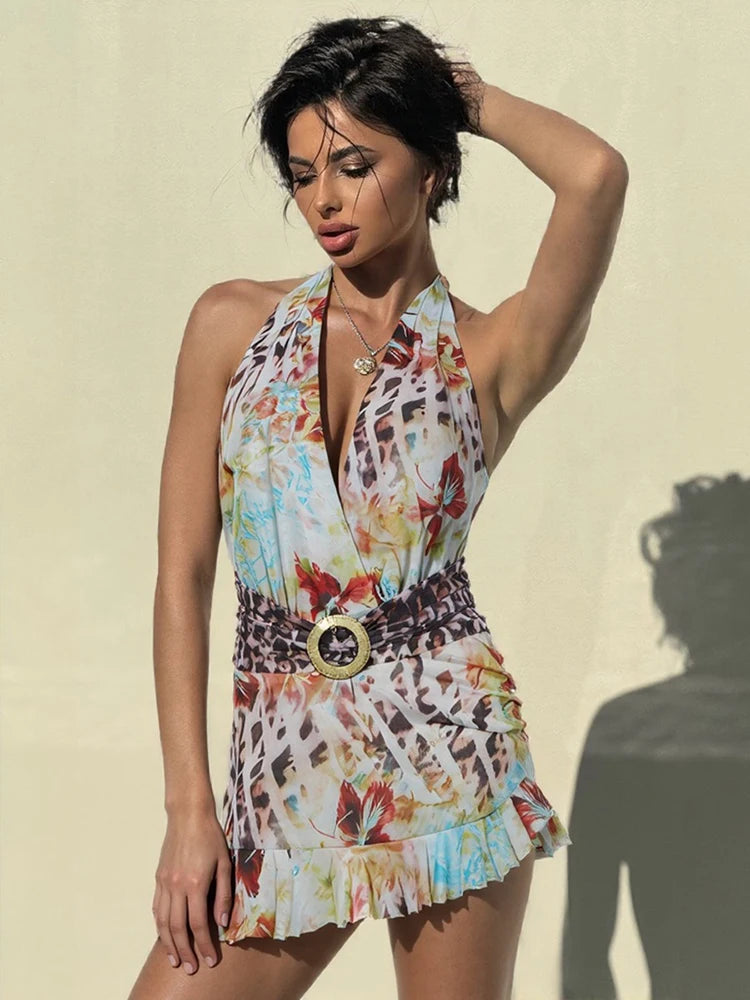 kliou Aesthetic Sexy Dresses Women Colorful Printed Midnight Clubwear Halter Low Neck Backless Ruffle Bodycon Hot Party Vestidos