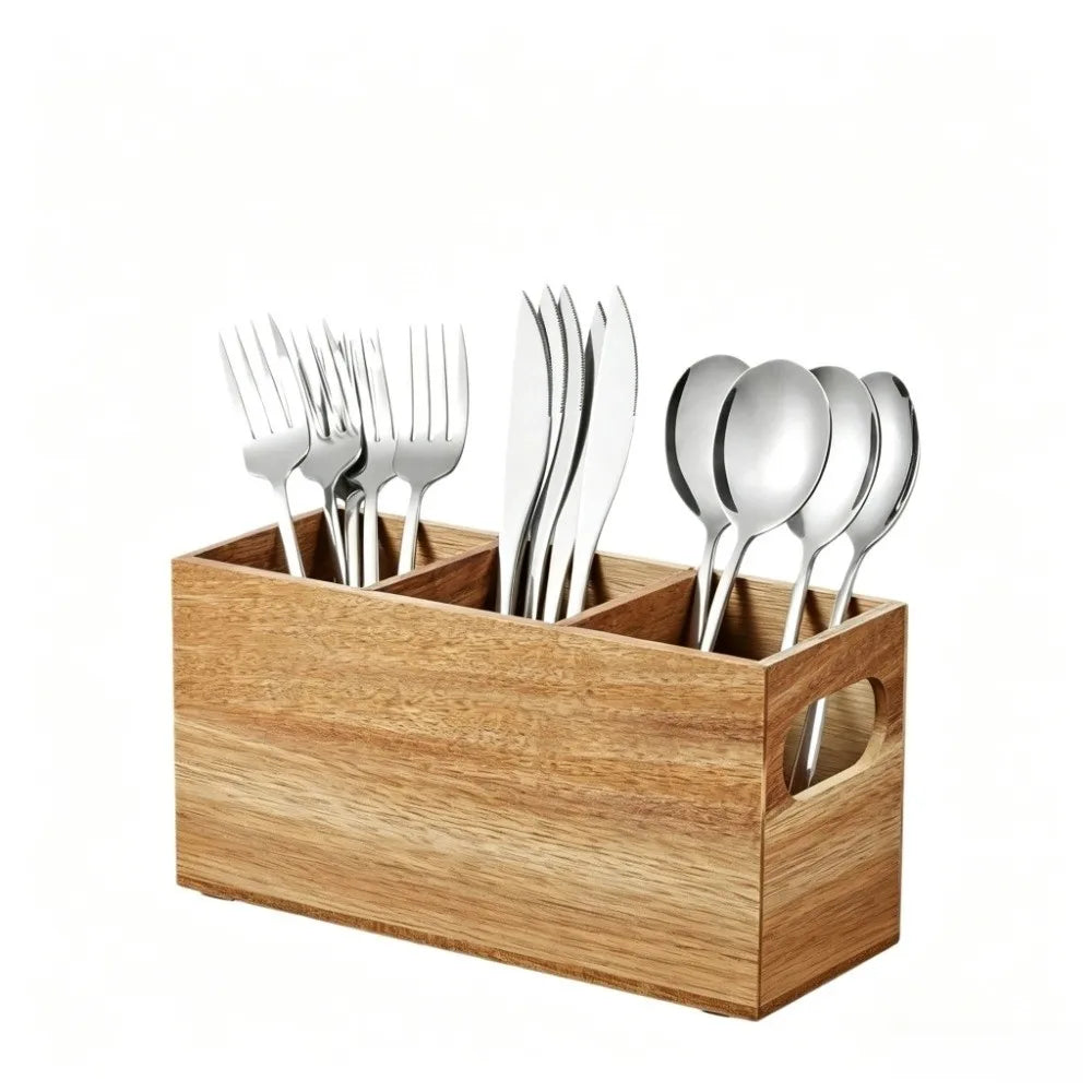 Kitchen Tools Wooden Utensil Organizer 3 Compartment Durable Storage Rack Space Saving Rustic Silverware Storage Box Countertop