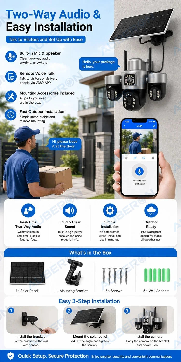 Solar 4G Security Camera 3 Lens 3 Screen Outdoor V380 APP 6MP PTZ PIR Full Color Night Vision IP66 Waterproof Battery Cam System