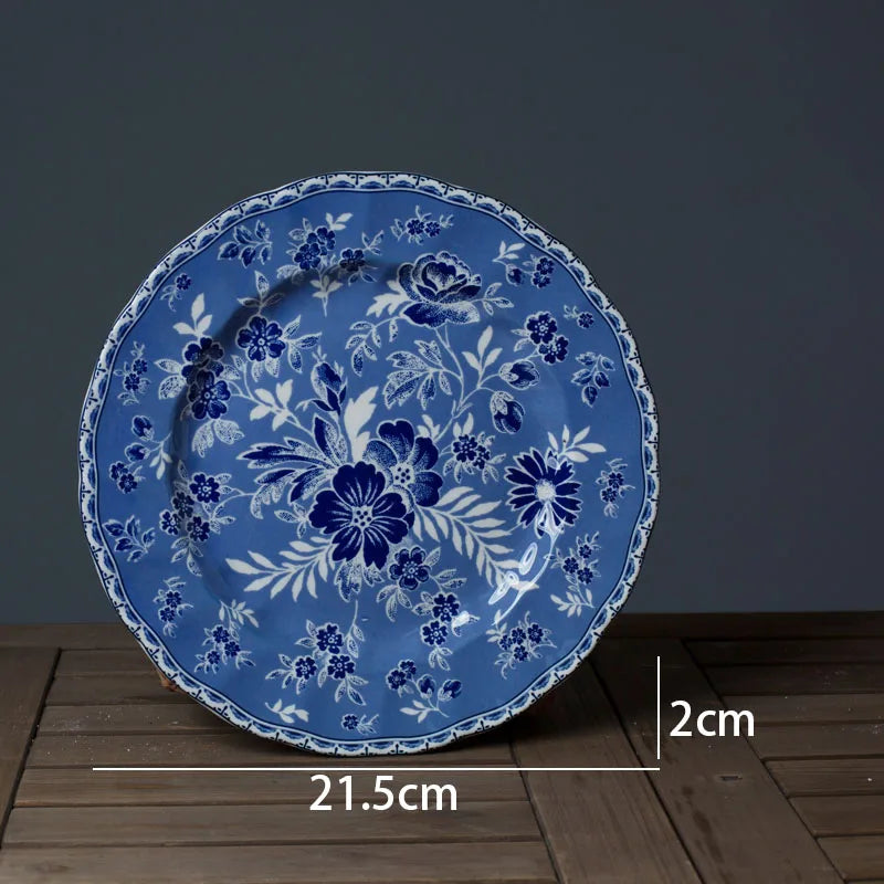 European Ceramic Dinner Plate Set Blue and White Porcelain Decorative Breakfast Plates Retro Hand Painted Restaurant Steak Dish