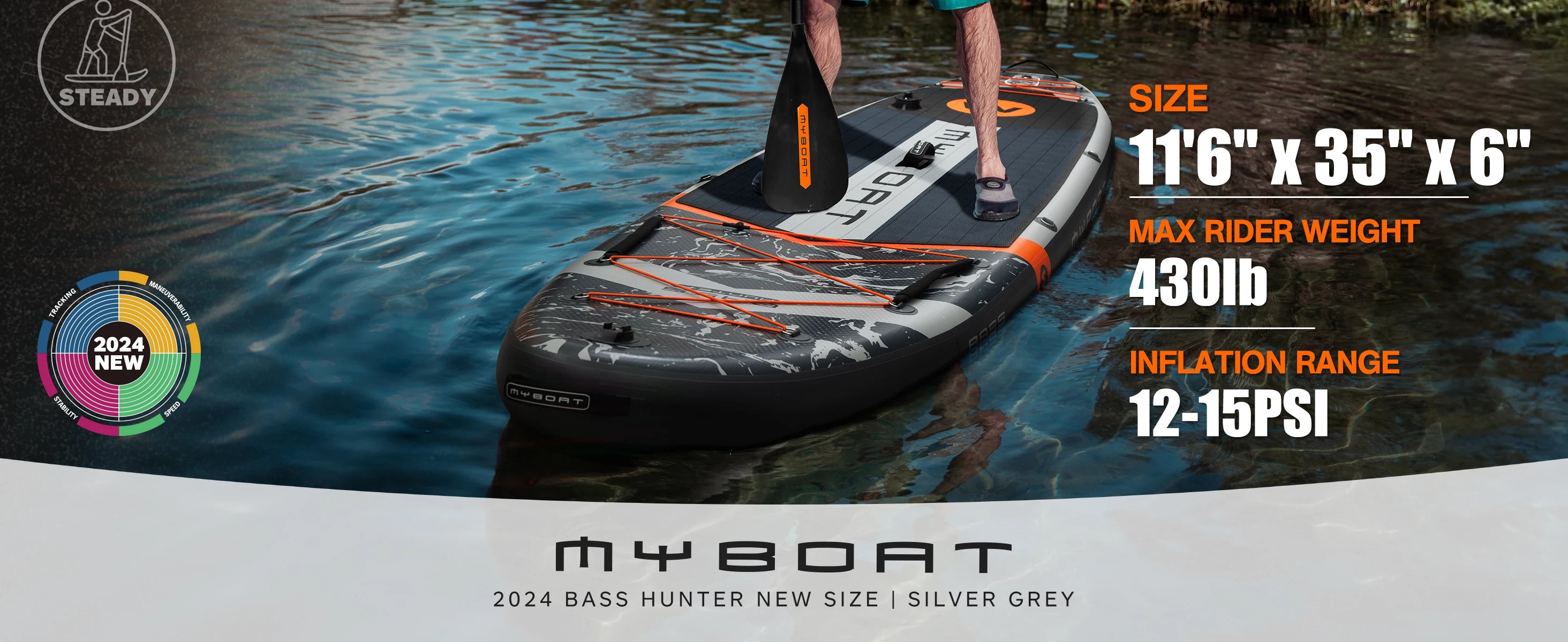 Myboat BASS HUNTER Grey SUB Waterproof Inflatable Paddle Board 11'6''x35''x6'' Aquatic Fishing With Accessories SUP сапборд