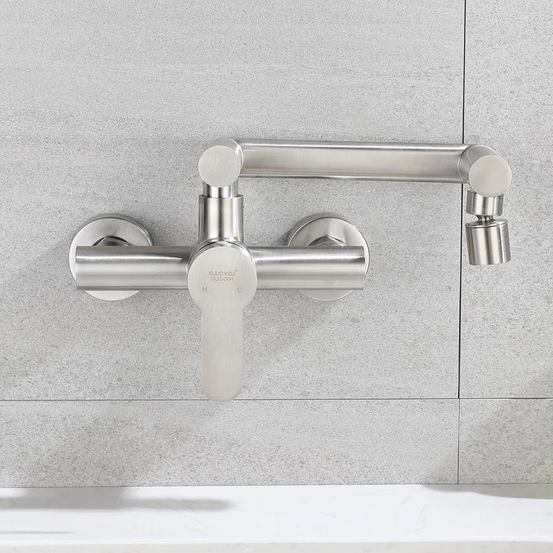 Stainless Steel Foldable Basin Faucet Wall Mounted Bathroom Kitchen Sink Washbasins Cold Hot Water Mixer Tap 360 Degree Swivel