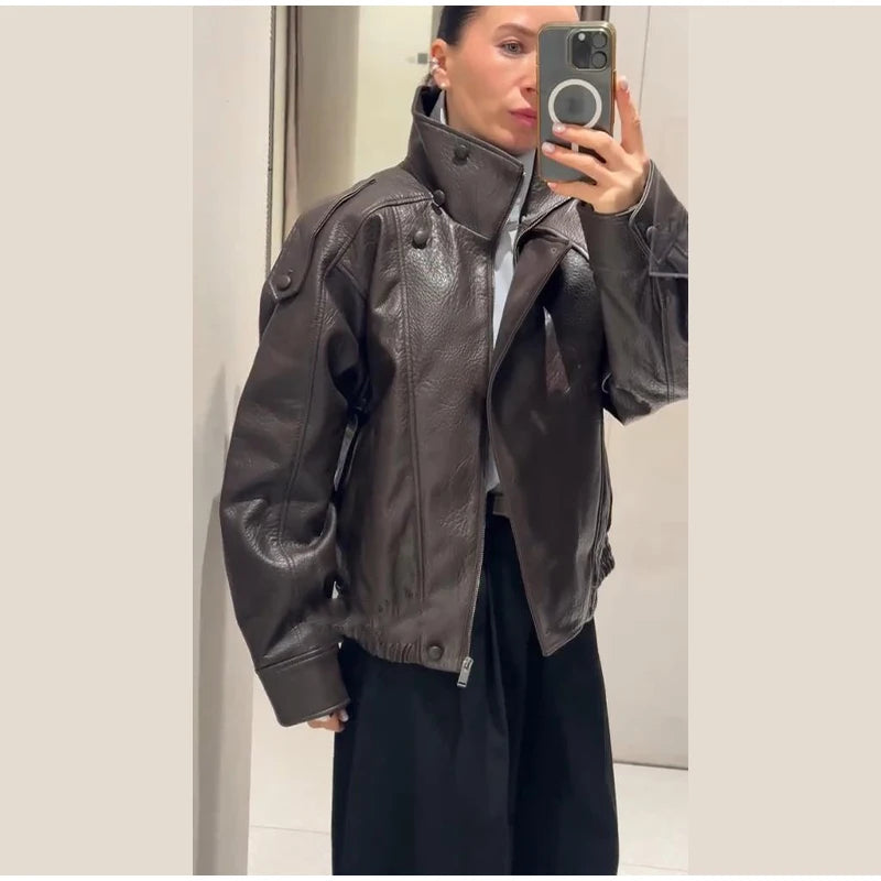 High Street Leather Jackets Women's Casual Double-breasted Turn Down Collar Loose Coats Elastic Waist 2026 Autumn New Outwear