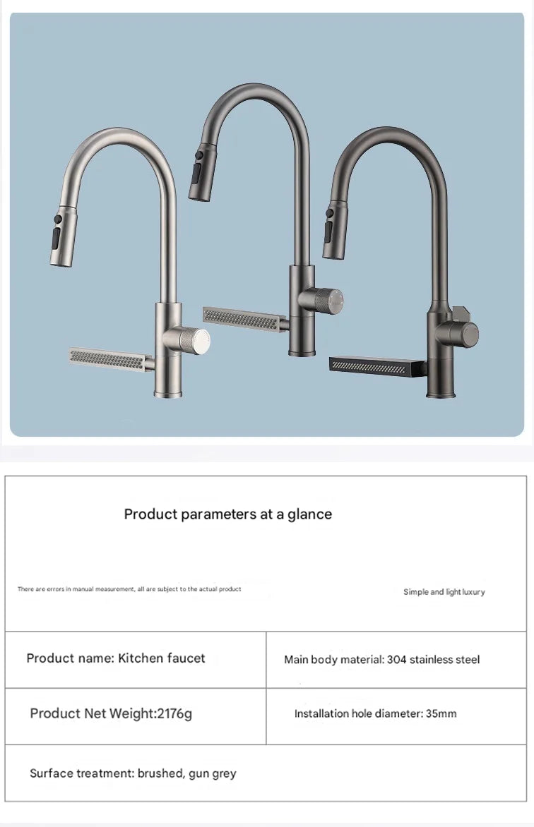 304 Stainless Steel Kitchen Faucet with Waterfall Sink Countertop Installation Hot Cold Mixer 360° Rotation for Kitchen