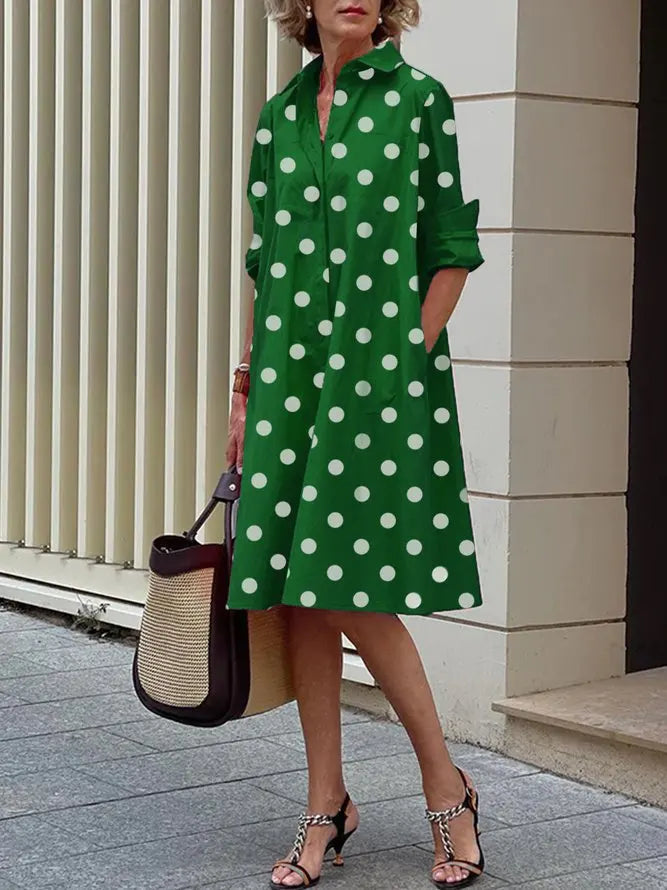 Uoozee Women's Fashion Polka Dot Lapel Shirt Dress 2026 New Spring Long Sleeves Loose Elegant Urban Casual Office Midi Dresses