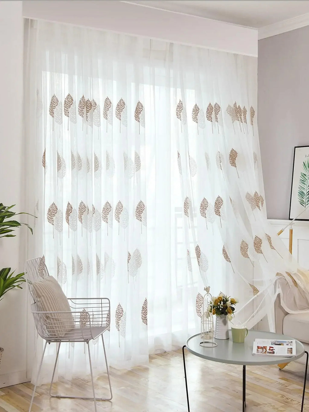 1PC Modern Light Luxury Brown and White Gauze Curtain