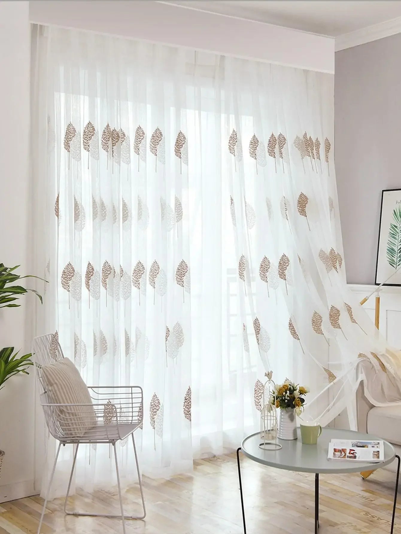 1PC Modern Light Luxury Brown and White Gauze Curtain