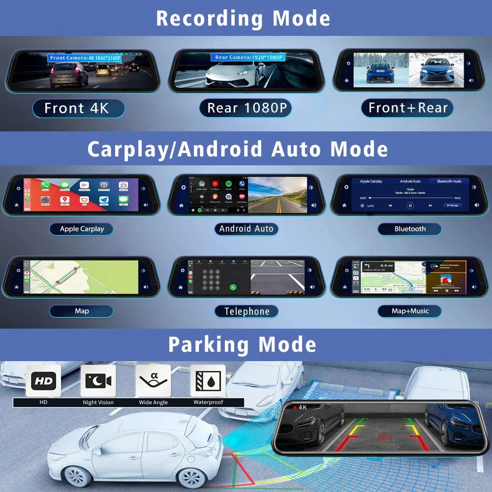 4K 3840*2160P Dash Cam Carplay Android-Auto Car DVR Dual Len 5G Wifi GPS BT FM Video Drive Recorder Stream Mirror Dashcam Camera