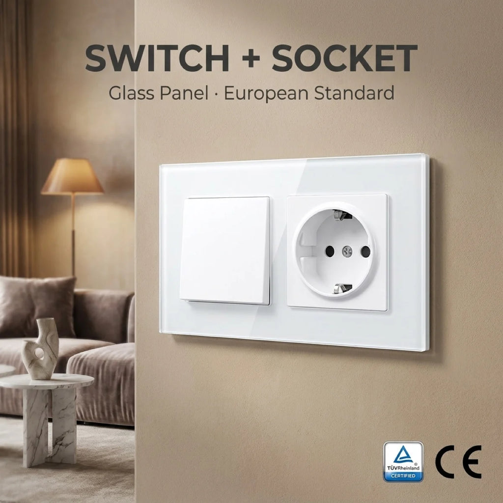 Factory Direct Selling High Quality EU Standard 10 /16Amp Electric Luxury Tempered Glass Light Wall Switch and Socket