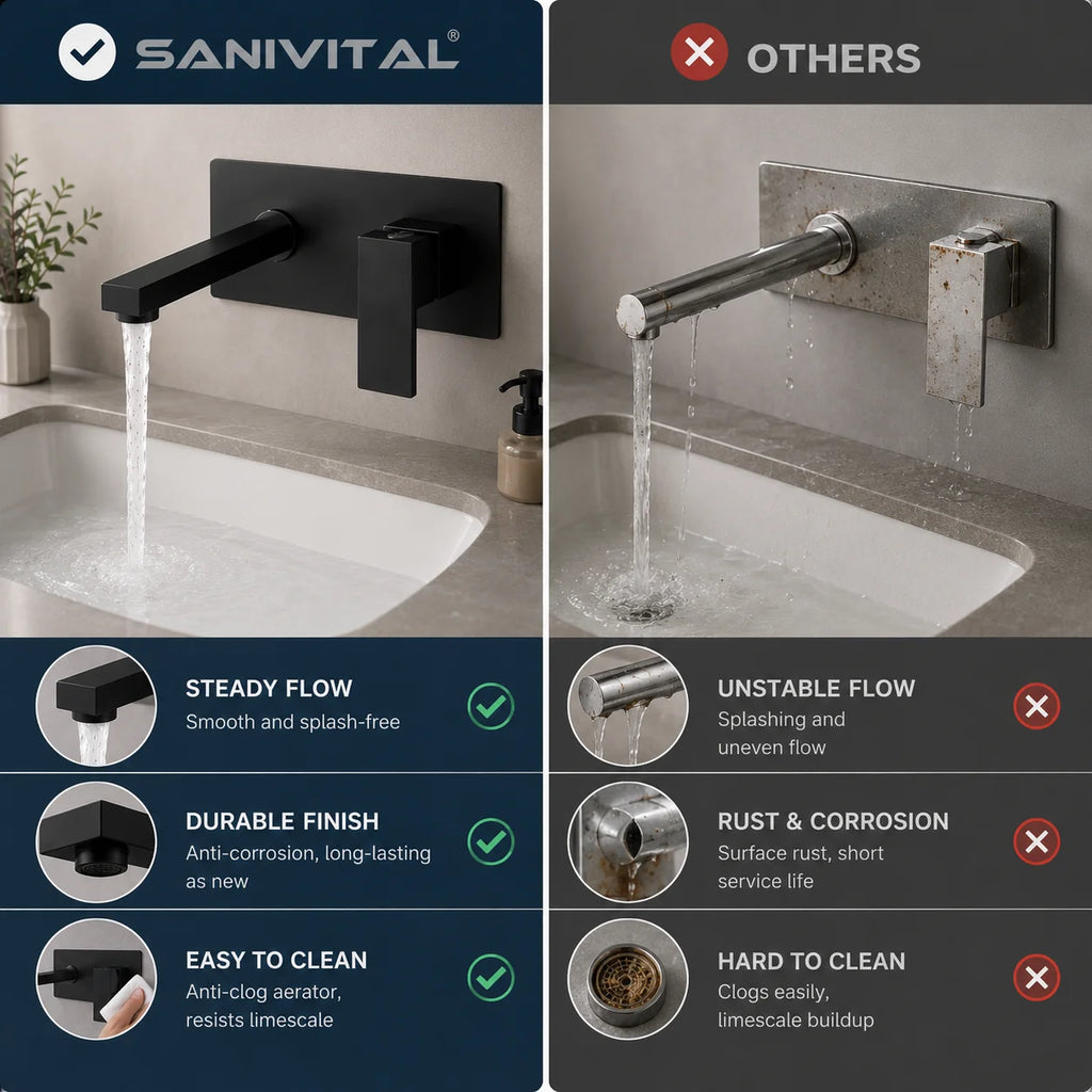SANIVITAL Wall Mounted Bathroom Faucet Matte Black Basin Mixer Tap Single Handle Hot Cold Water Sink Faucet