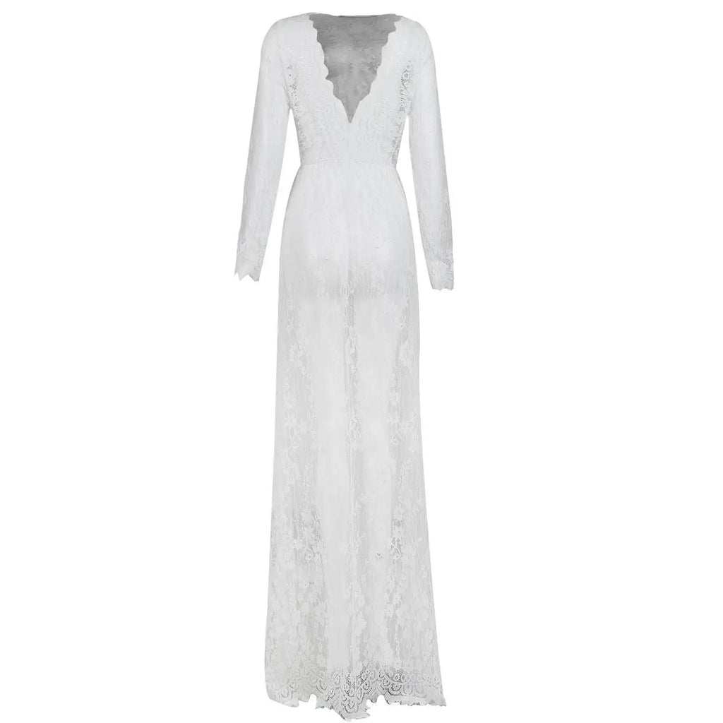 Fashionable Sexy Deep Collar Long Sleeve Lace See-through Bodycon Gown Trendy Women's Dress Elegant Draped Evening Dress