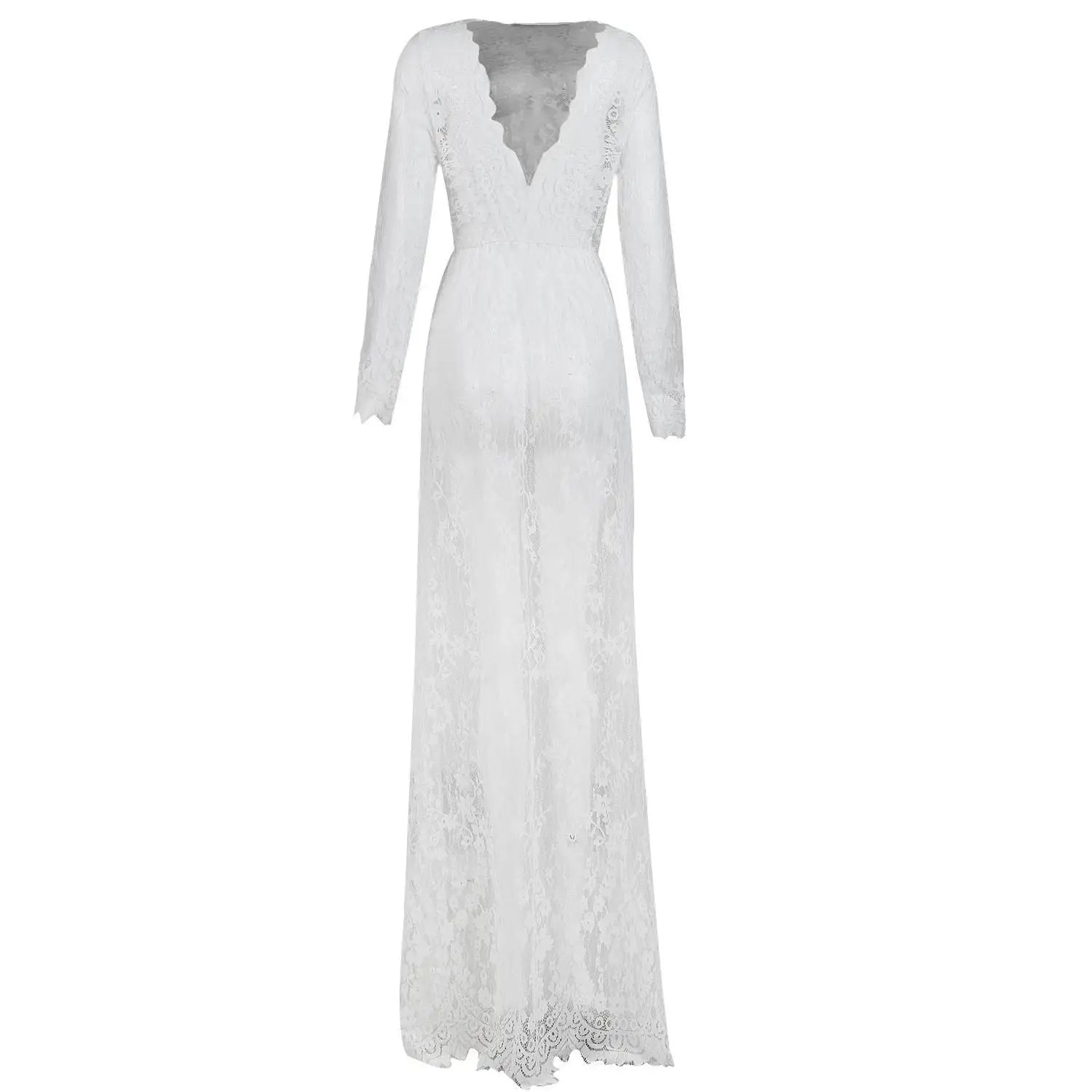 Fashionable Sexy Deep Collar Long Sleeve Lace See-through Bodycon Gown Trendy Women's Dress Elegant Draped Evening Dress