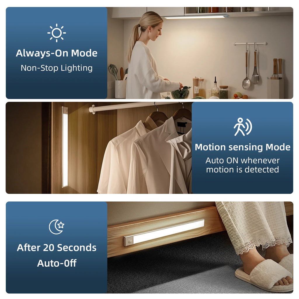 Night Light Under Cabinet Lights Ultra Thin LED Light Motion Sensor Wireless Rechargeable 3 Color For Kitchen Bedroom Lighting