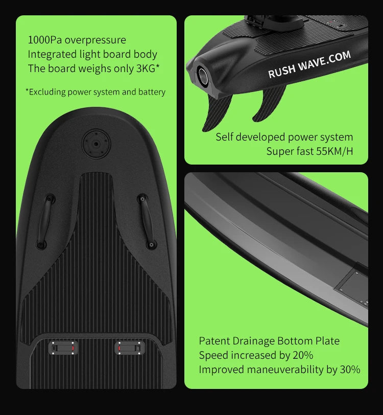 RUSH WAVE Electric Black Rider Pedal Water Jet Surfboard New Power Board for Sports and Entertainment Paddling