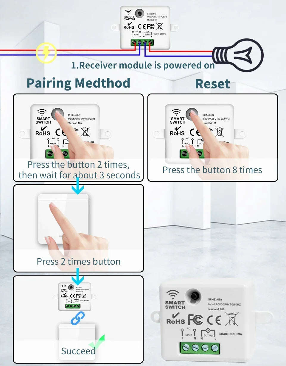 Wireless 433MHz Smart Switch Light 1/2/3Gang 86 Wall Panel Switch with Remote Control Relay Receiver 10A 110V 220V For LED Lamp