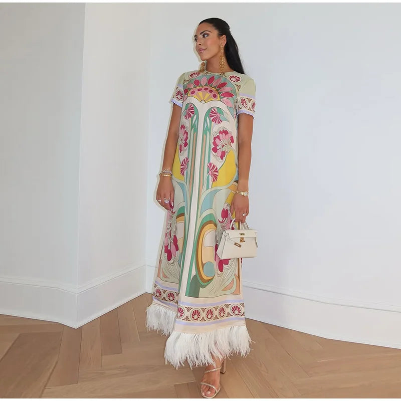 Printed Women's Dress Half Sleeve Round Neck Long Dress Tassel Hem Dress Daily Fashion Outfit Suitable for Date Party 2026