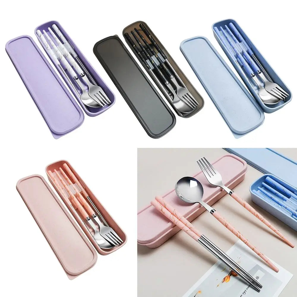 Kitchen Accessories Reusable With Box Tableware Portable Stainless Steel Spoon Fork Chopsticks Set Dinnerware Cutlery Set