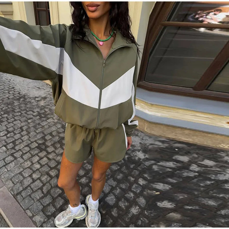 Fashion Color Block 2 Piece Tracksuit Women's Stand Collar Zip Lightweight Jacket Loose Mini Shorts 2026 New Lady Casual Outfit