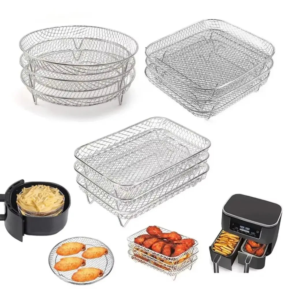 Durable Stackable Air Fryer Rack Non-Stick Stainless Steel Airfryer Tray Grill Basket Kitchen Gadgets