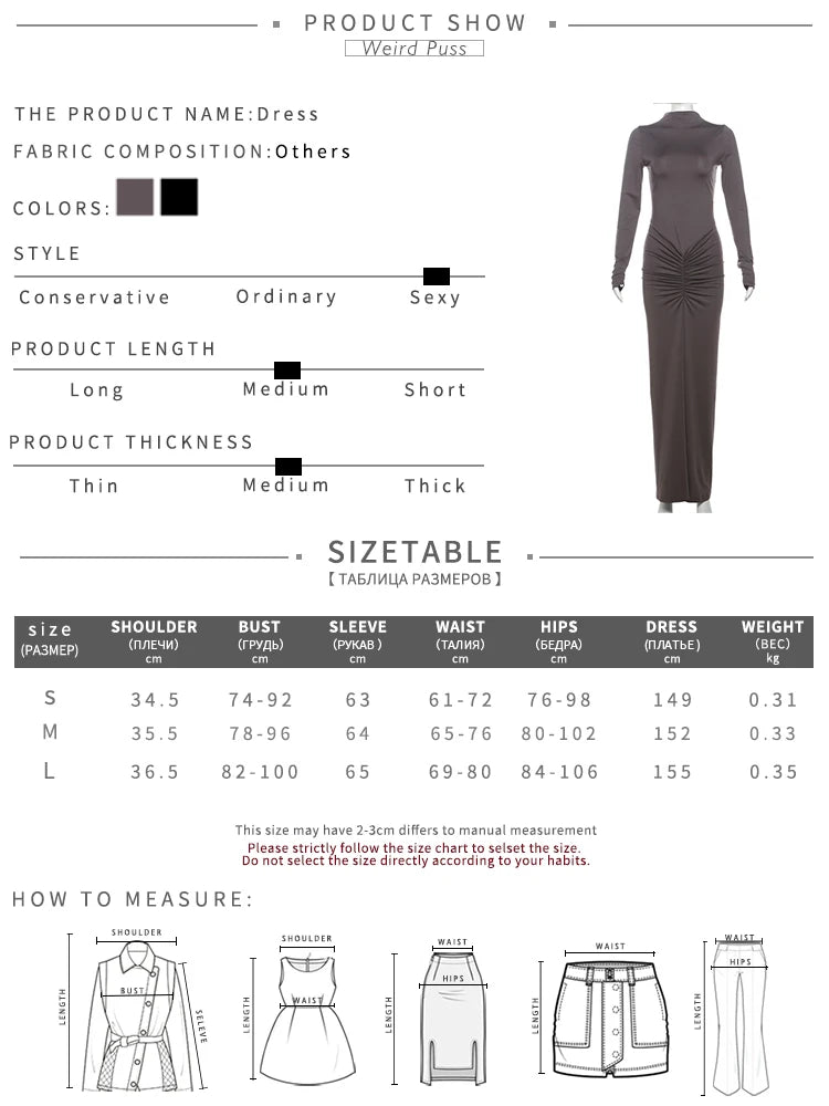 Weird Puss Hipster Ruched Dress Women O-Neck Full Sleeve Skinny Stretch Robe Autumn Trend Simple Classic Pleats Long Bodycon