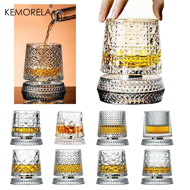 2PCS Whiskey Glasses Rotating Whisky Glass With Glass Base 360 Rotate Degrees Crystal Rum Glass For Cocktail Party Drinking Gift