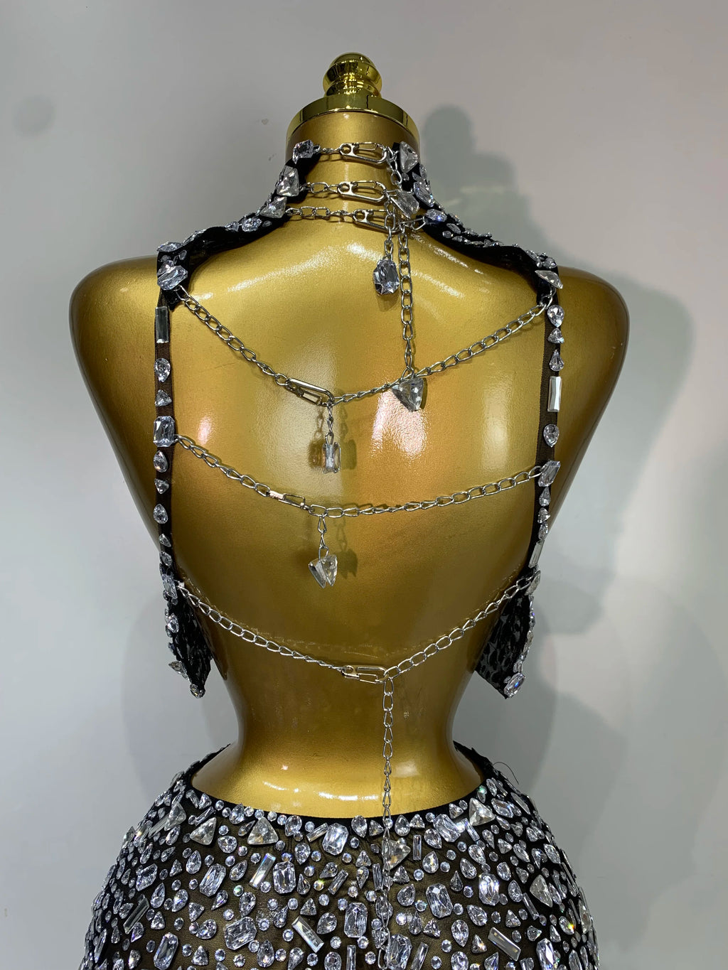 High Quality Sparkling Rhinestone Sexy See Through Blackless Top Skirt Two Pieces Set Woman Luxury Birthday Evening Party Gowns